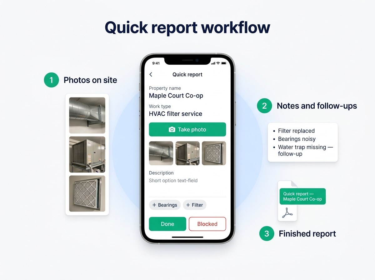 Quick-report workflow: photos in the field → notes and follow-ups → finished report